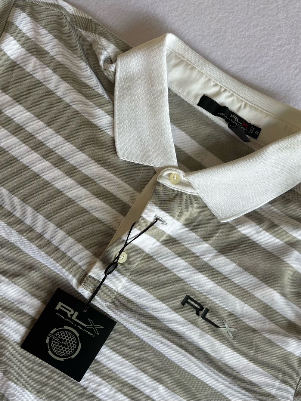 RLX Ralph Lauren Men's XXL Gray/White Striped Golf Polo Short Sleeve Logo NWT